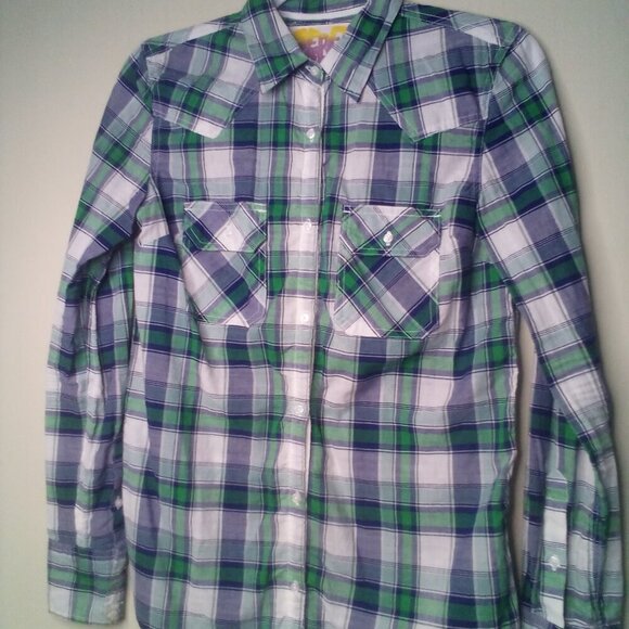 Derek Heart Button Front Shirt Women S Long Sleeve Roll Tab Pockets Plaid Green - Picture 7 of 14